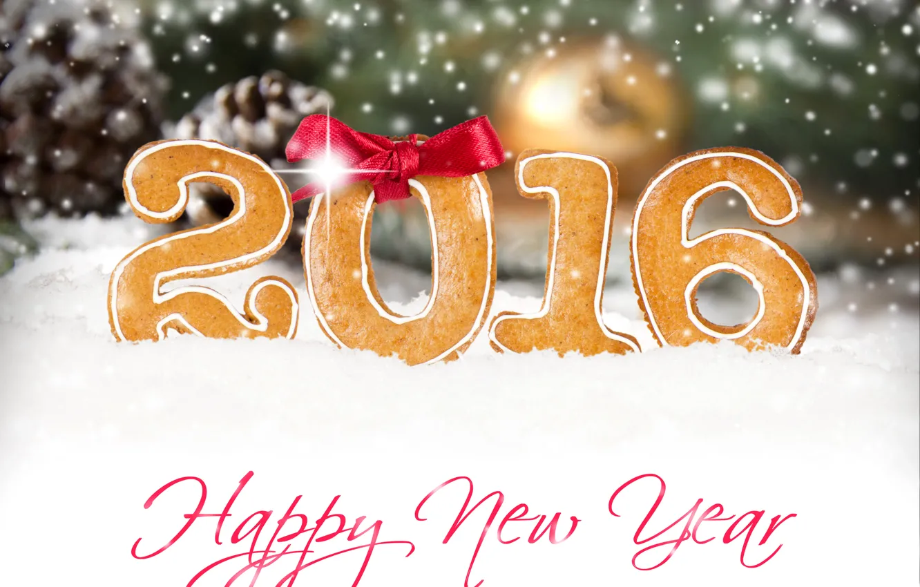 Photo wallpaper snow, snowflakes, red, glare, holiday, the inscription, New year, Happy New Year