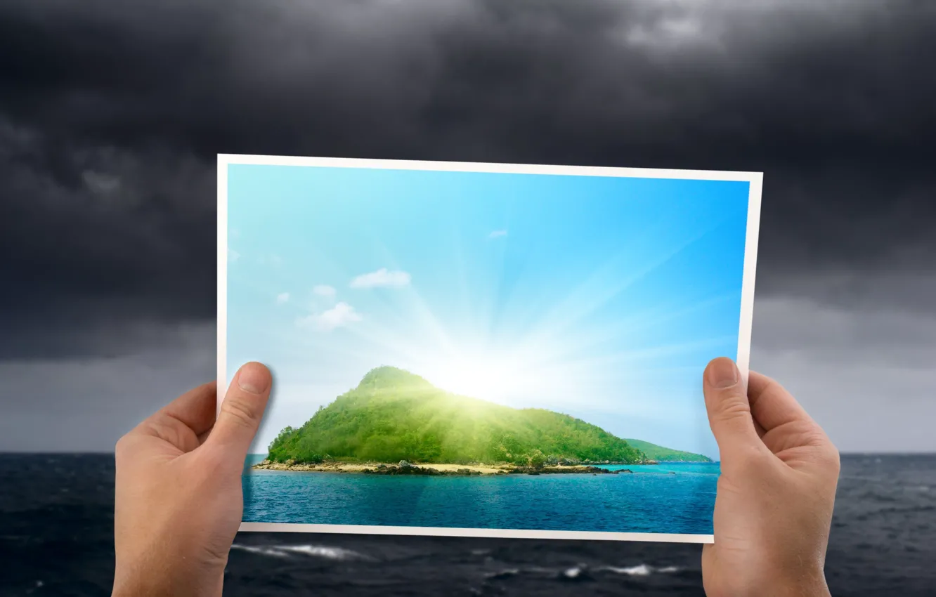 Photo wallpaper the ocean, island, hands, horizon, Paradise, the