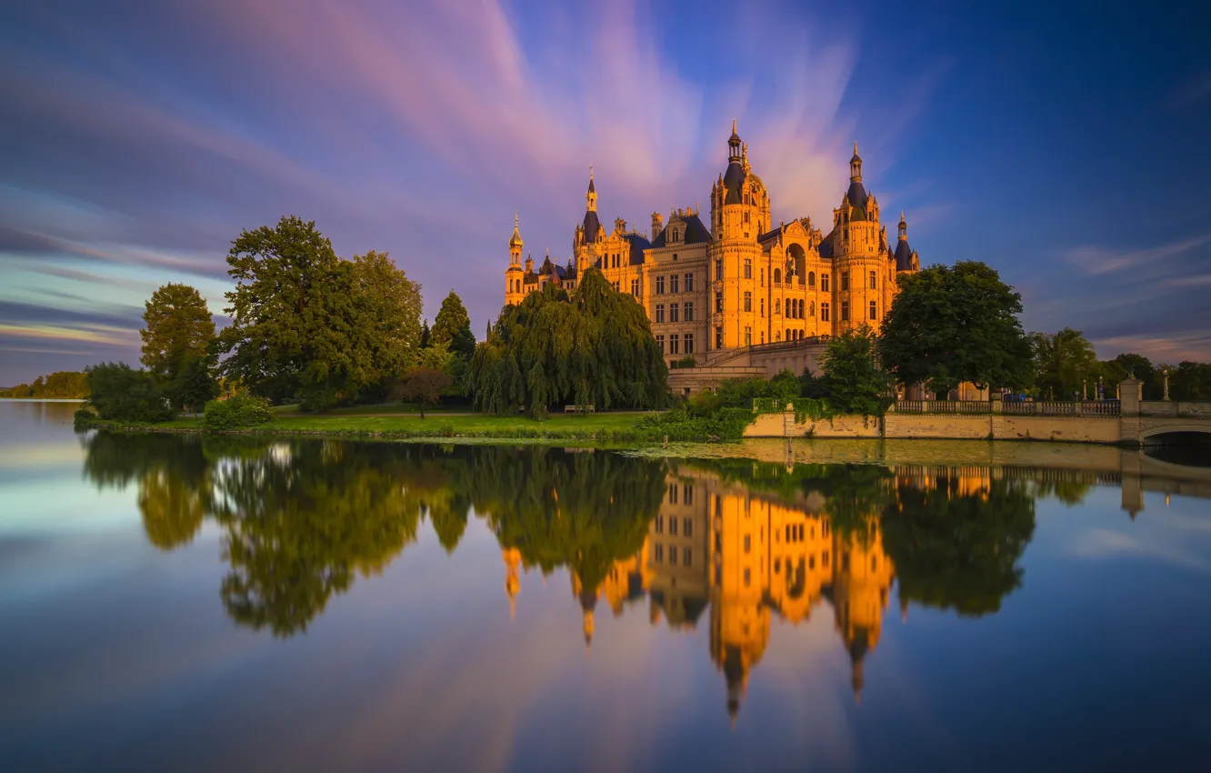 Photo wallpaper river, castle, Germany, Schwerin