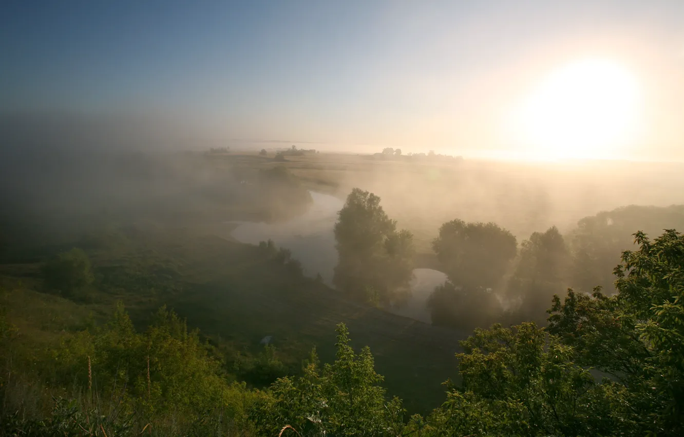 Photo wallpaper summer, fog, river, morning, meadow
