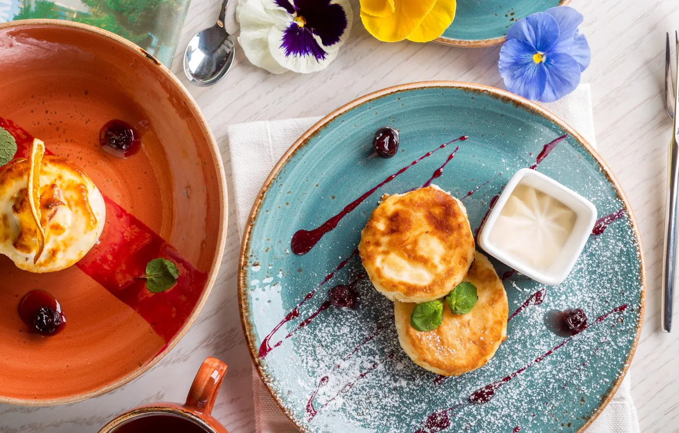 Photo wallpaper Breakfast, jam, powdered sugar, sour cream, pancakes