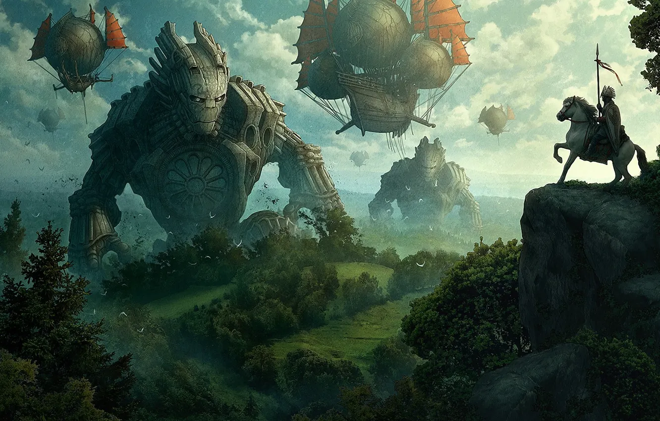 Photo wallpaper fog, rocks, horse, ship, art, Kerem Couplets, giant, rider