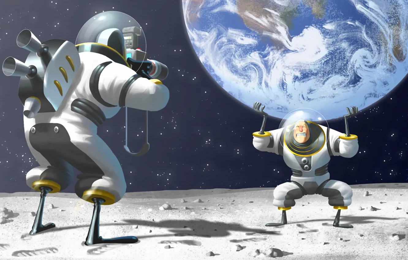 Photo wallpaper space, earth, the moon, humor, posing, the suit, art, the astronauts