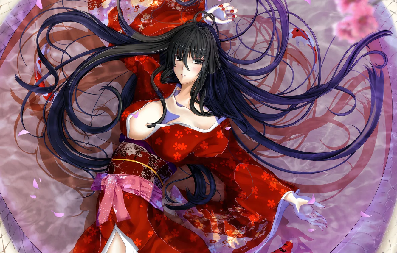 Photo wallpaper chest, look, water, girl, fish, pose, art, embarrassment