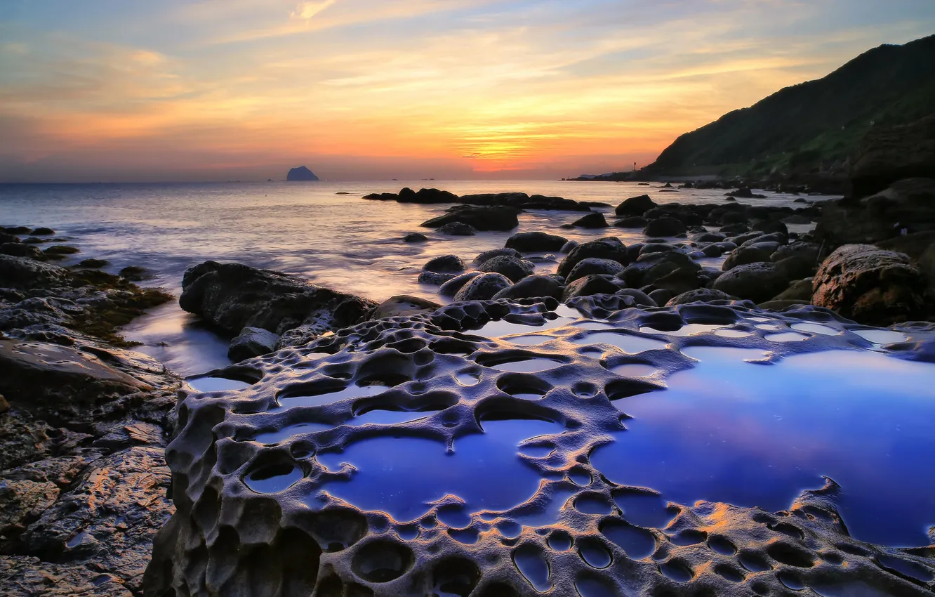 Photo wallpaper sea, the sky, clouds, sunset, mountains, rocks, tide
