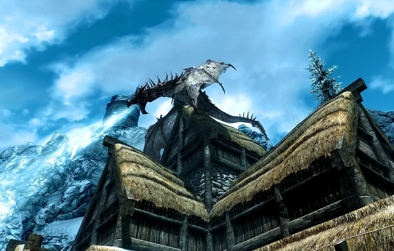 Photo wallpaper ice, roof, mountains, house, dragon, The Elder Scrolls V Skyrim