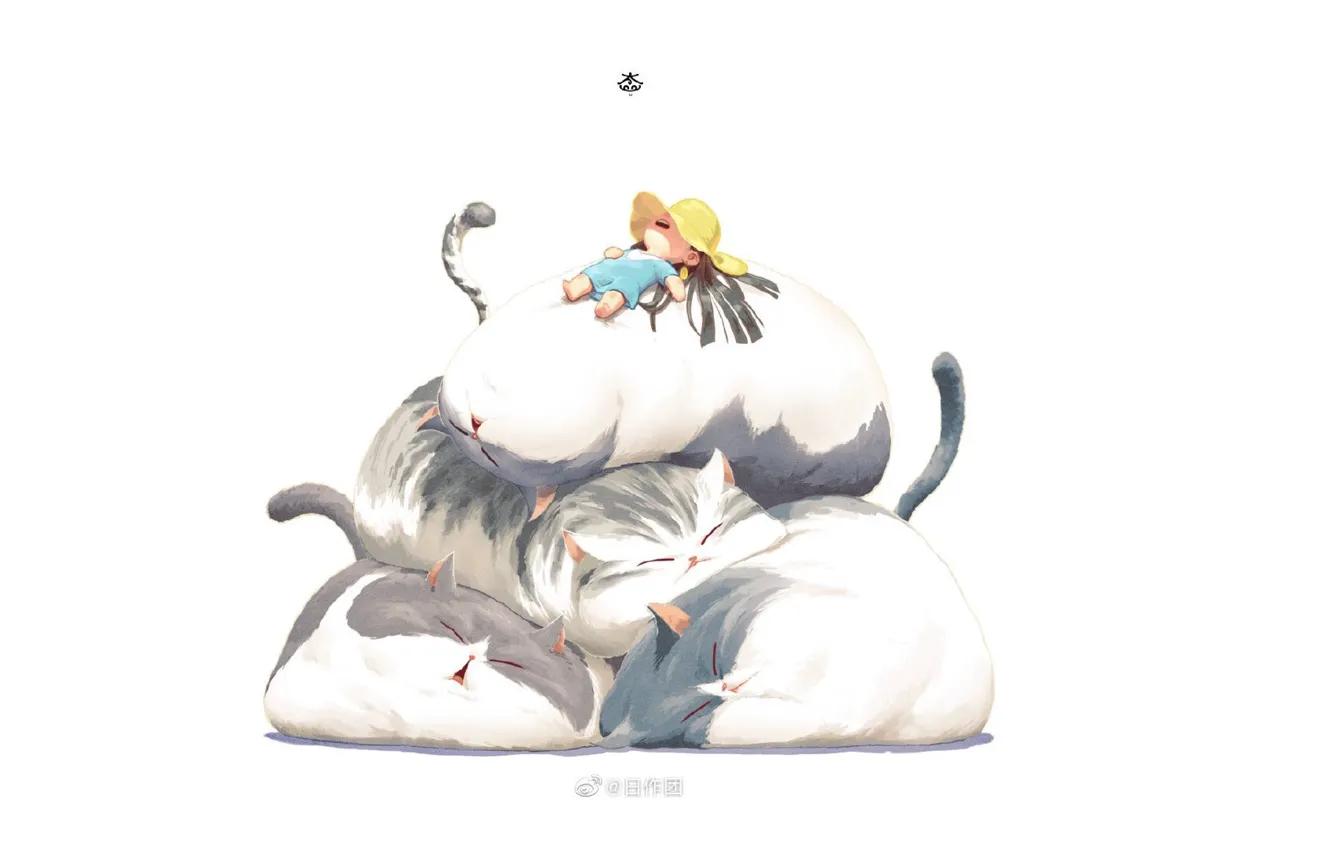 Photo wallpaper sleep, hat, pyramid, white background, a bunch, snoozing, closed eyes, blue dress