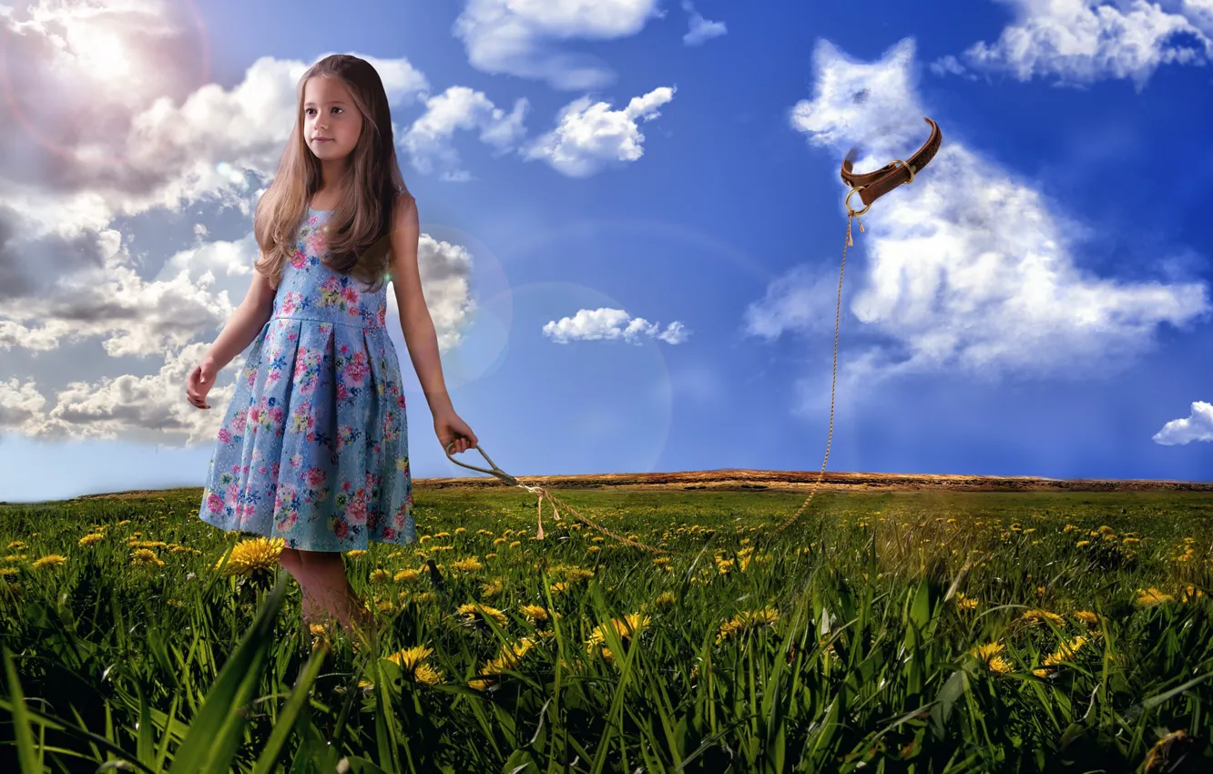 Photo wallpaper field, summer, grass, clouds, flowers, nature, dog, girl