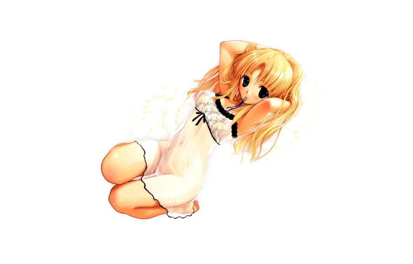 Photo wallpaper blonde, girl, white background, lace, flirting, chemise, big eyes, bangs