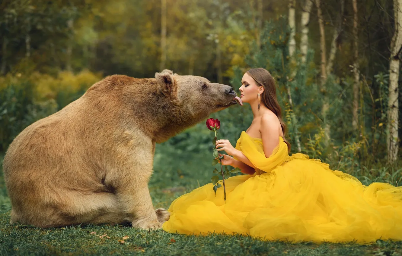 Photo wallpaper forest, language, girl, flowers, nature, pose, style, glade