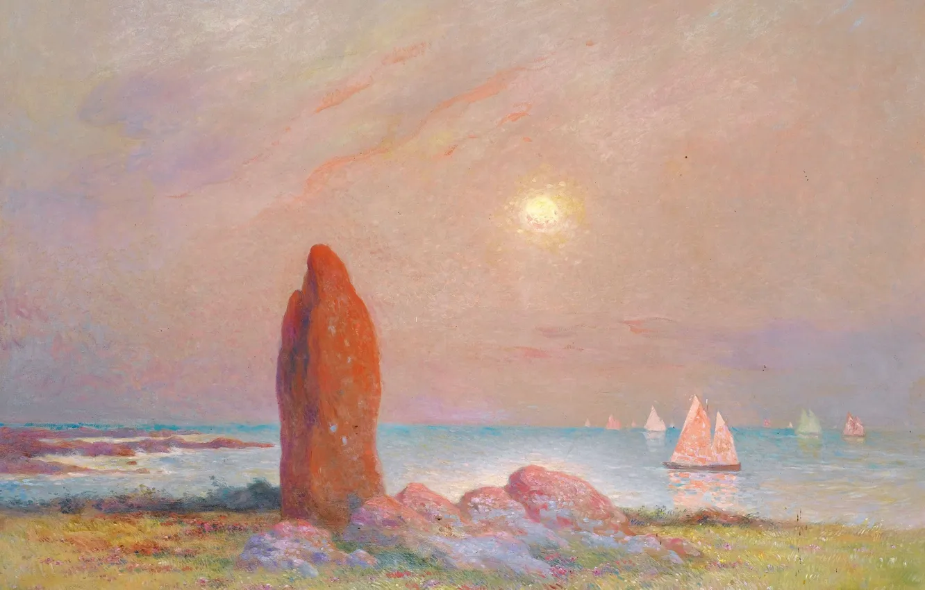 Photo wallpaper sea, landscape, rocks, boat, picture, sail, Megalit, Ferdinand du Puigaudeau