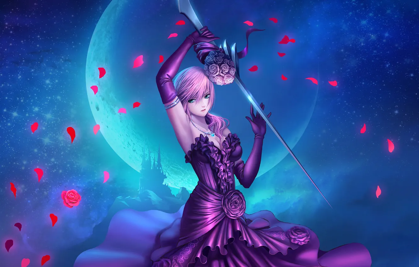 Photo wallpaper girl, night, weapons, the moon, the game, dress, art, Final Fantasy XIII