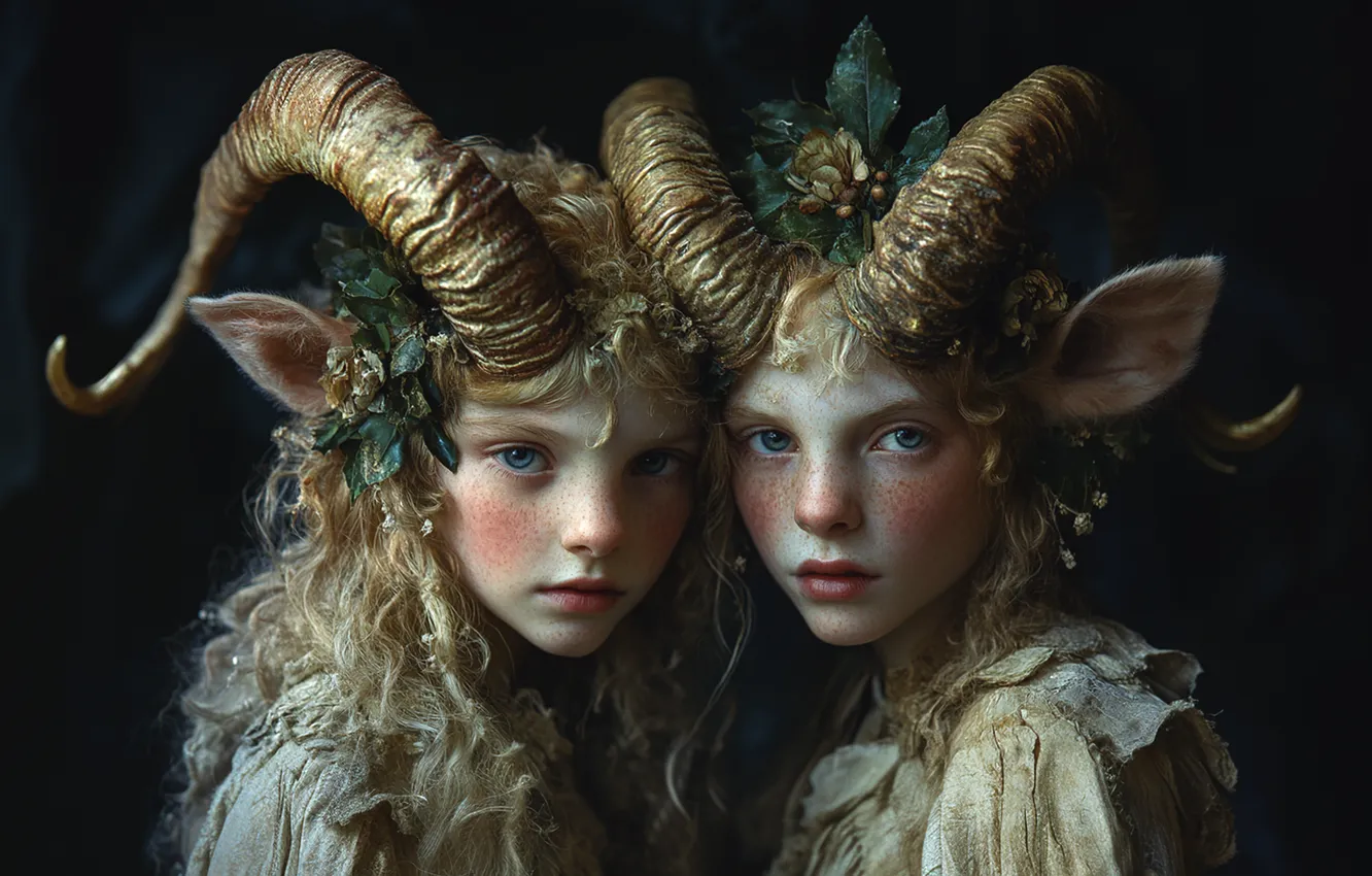 Photo wallpaper look, girl, portrait, blonde, freckles, horns, black background, a couple