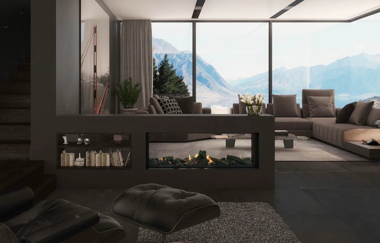 Photo wallpaper design, style, interior, fireplace, living room, lake view