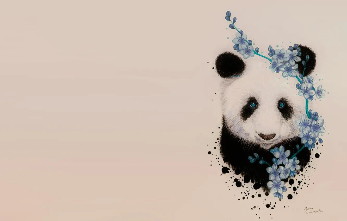 Photo wallpaper spring, Sakura, art, Panda, Jonna Lamminaho