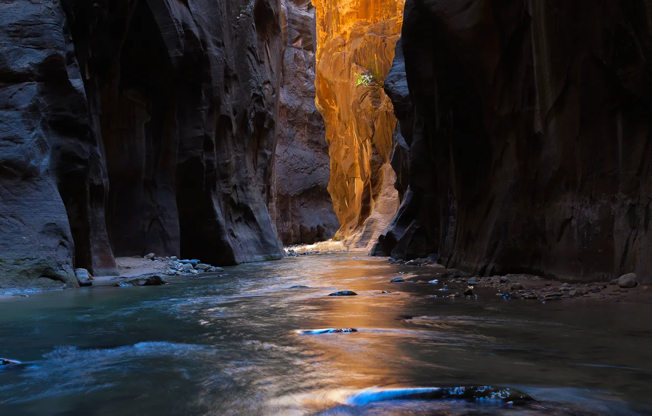 Photo wallpaper light, river, stones, canyon, gorge