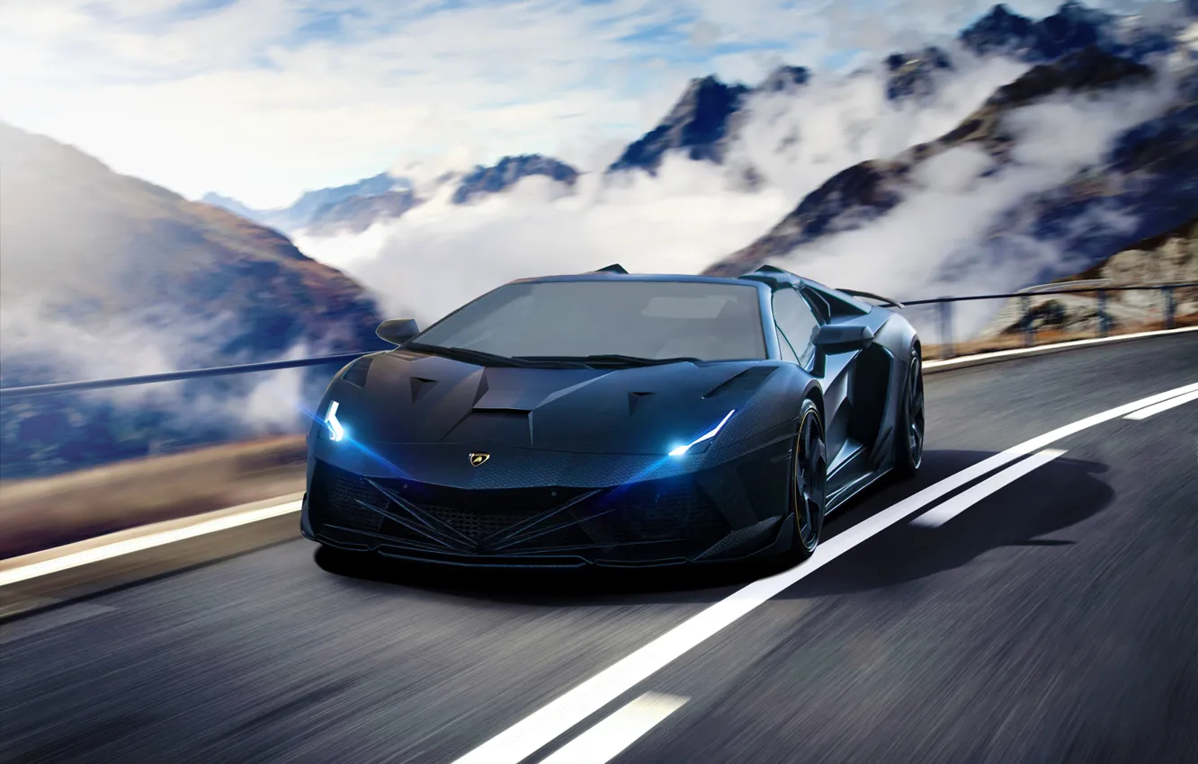Photo wallpaper Lamborghini, Speed, Front, Tuning, Aventador, Road, Supercar, Fog