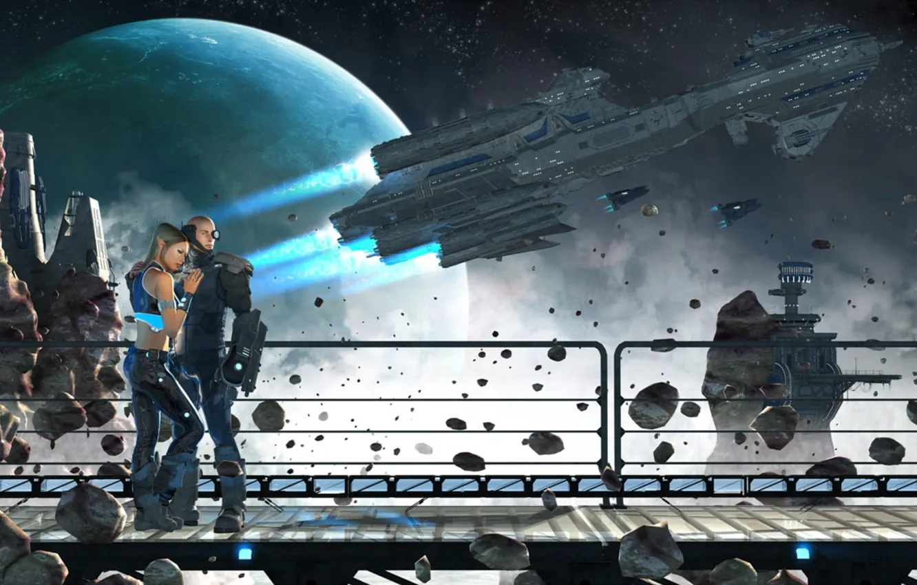 Photo wallpaper look, space, flight, woman, planet, male, spaceship, leaving spaceport zeta nine