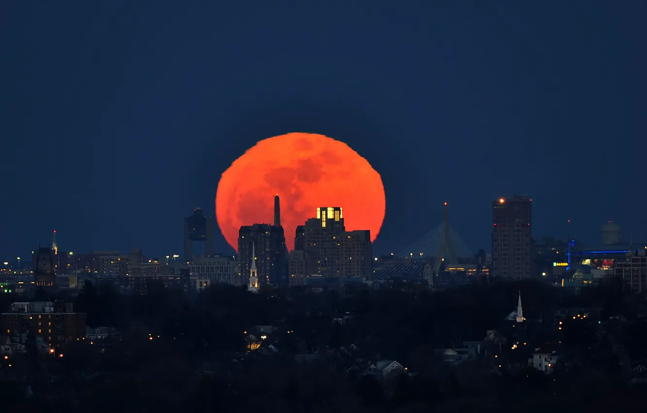 Photo wallpaper sunrise, The moon, the full moon, Boston, perigee