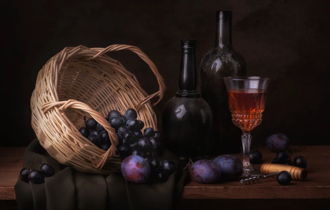Photo wallpaper background, wine, glass, bottle, grapes, basket, plum, corkscrew