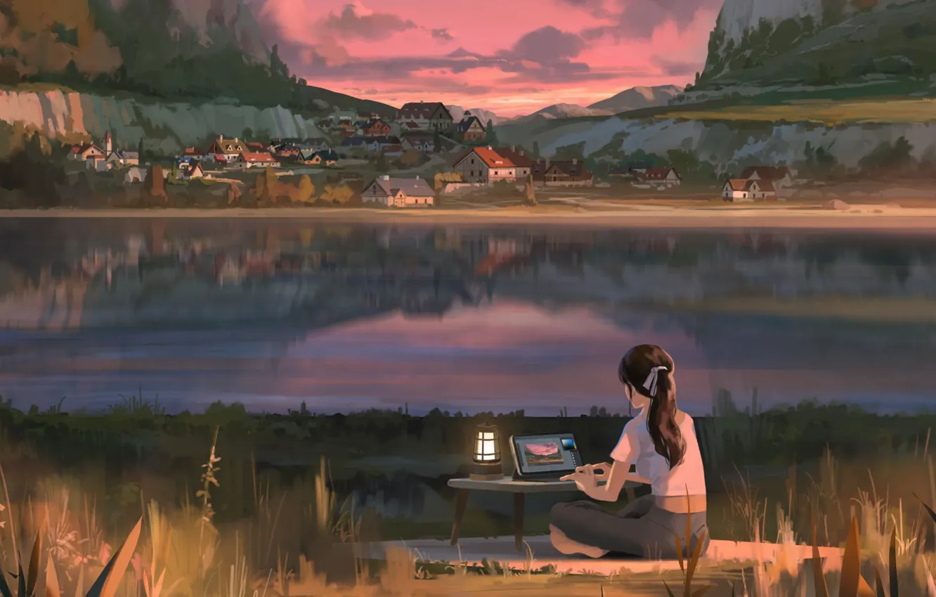 Photo wallpaper silence, laptop, town, artist, on the shore, from the back, at the table, lake