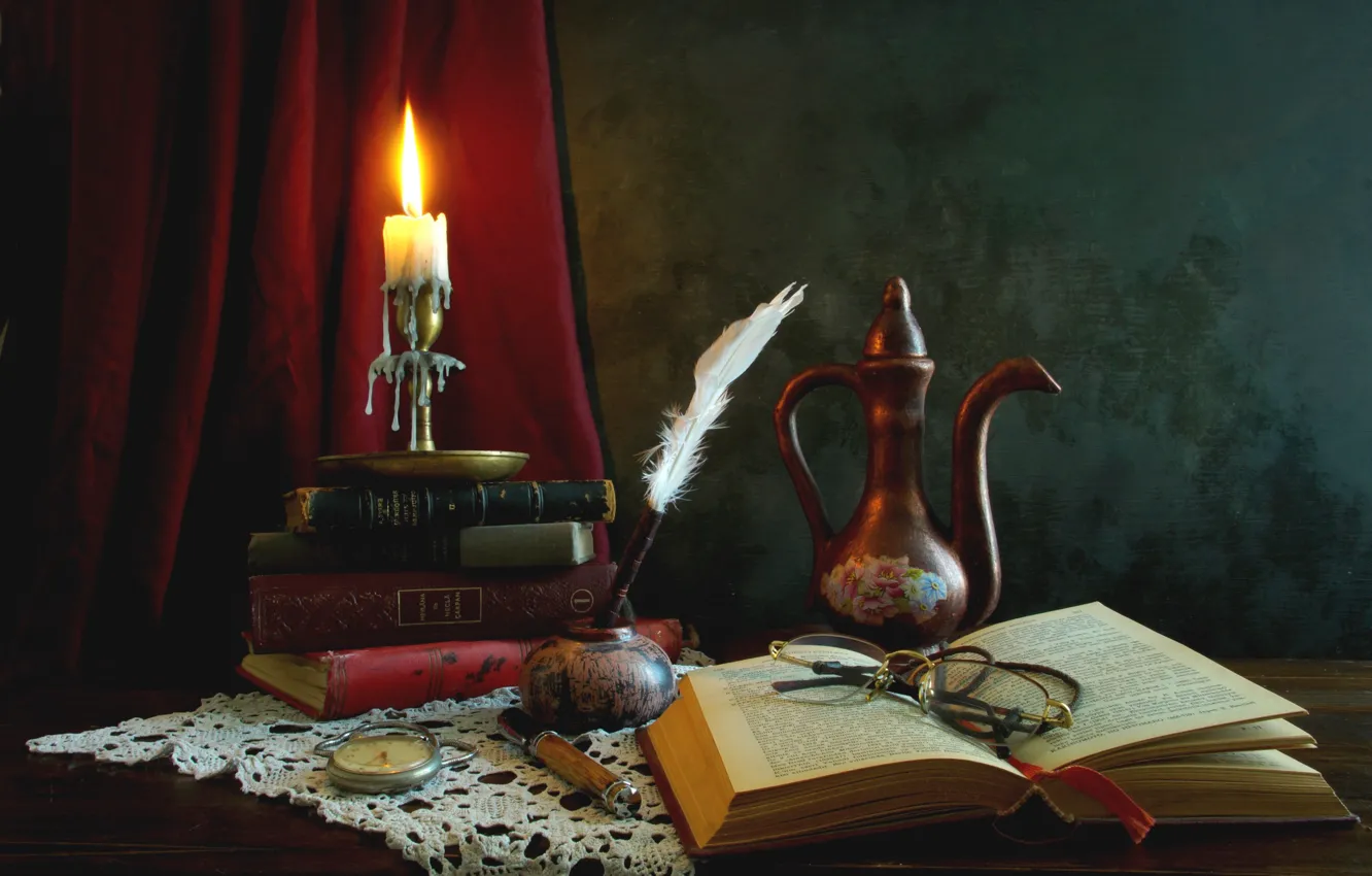 Photo wallpaper pen, watch, books, candle, glasses, still life, coffee pot