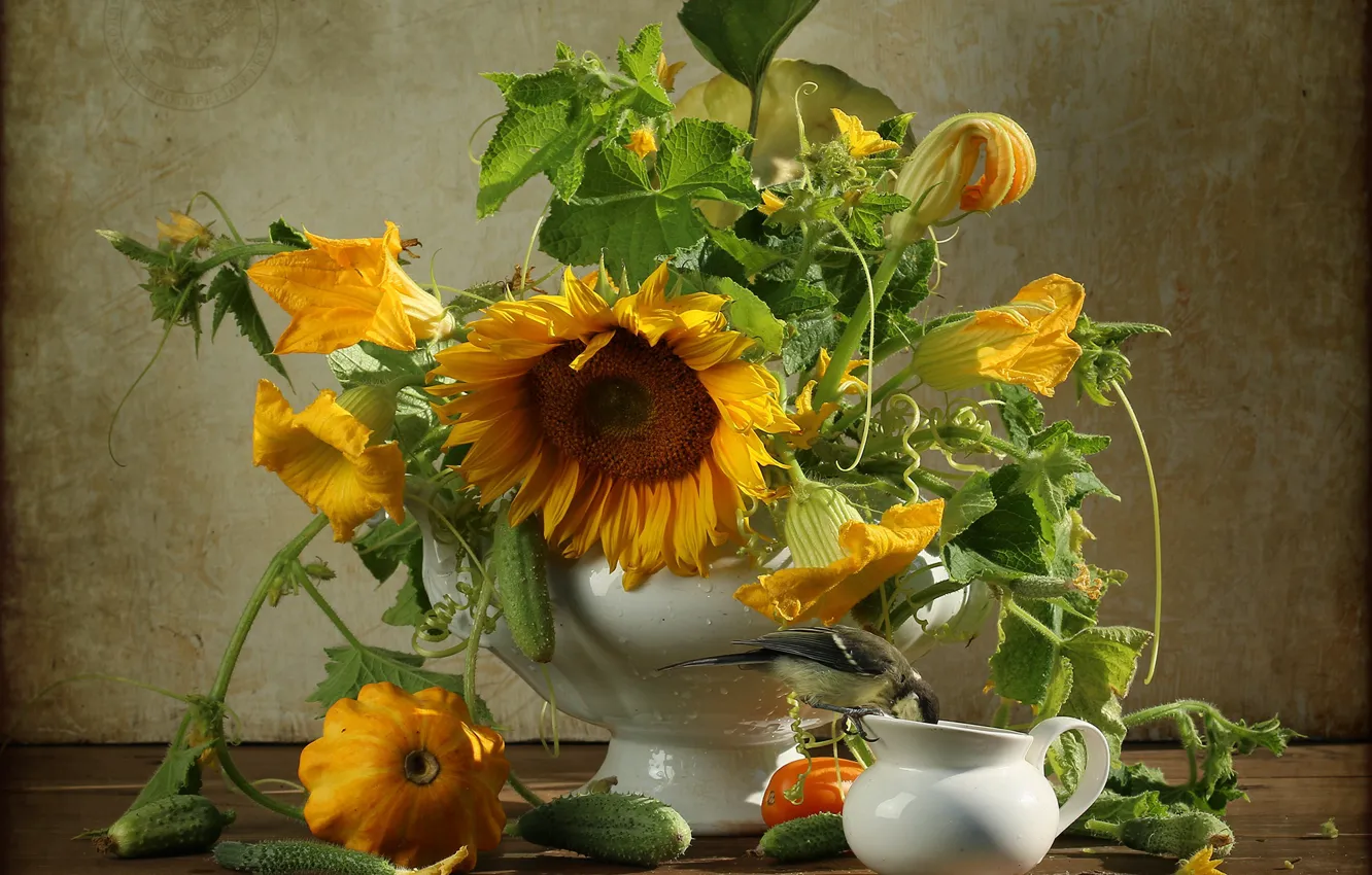 Photo wallpaper summer, sunflowers, yellow, table, harvest, fruit, pumpkin, vase