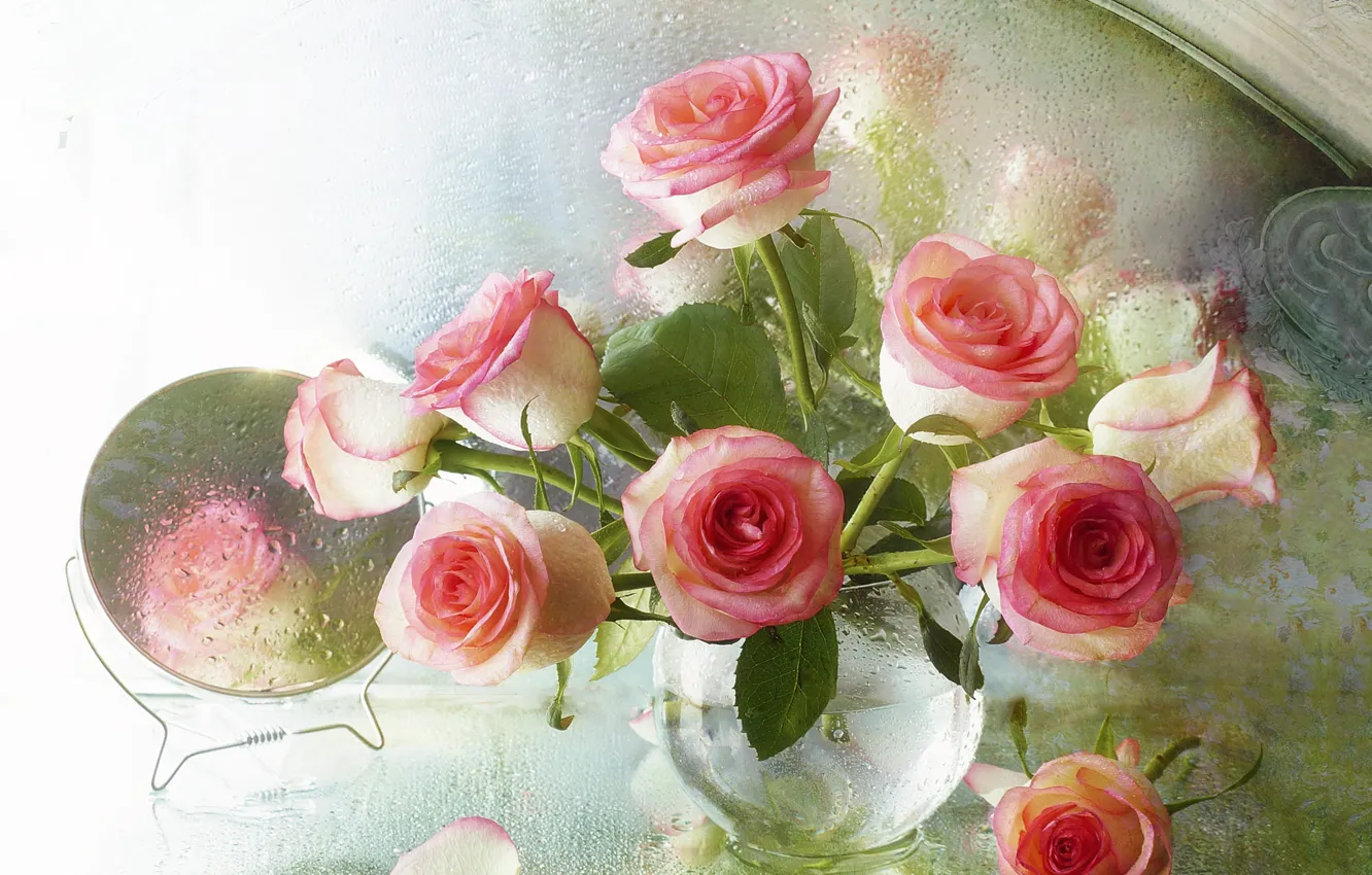 Photo wallpaper glass, leaves, drops, flowers, table, moisture, roses, bouquet