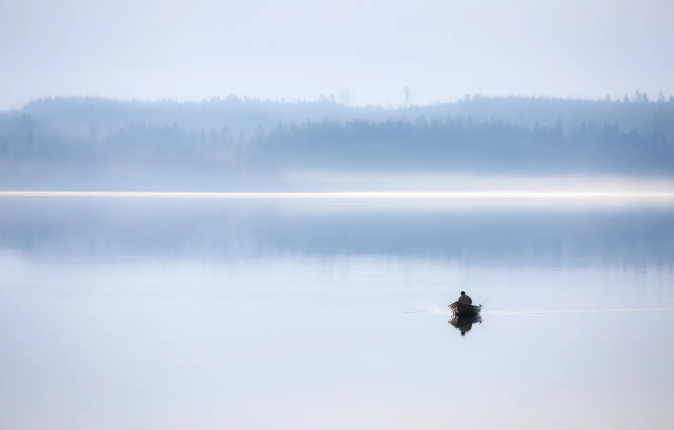 Photo wallpaper fog, lake, boat