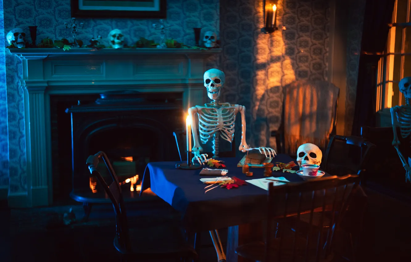 Photo wallpaper autumn, night, table, room, holiday, skull, skeleton, Halloween