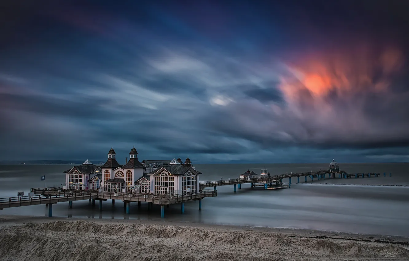 Photo wallpaper sea, night, bridge, Sellin Pier