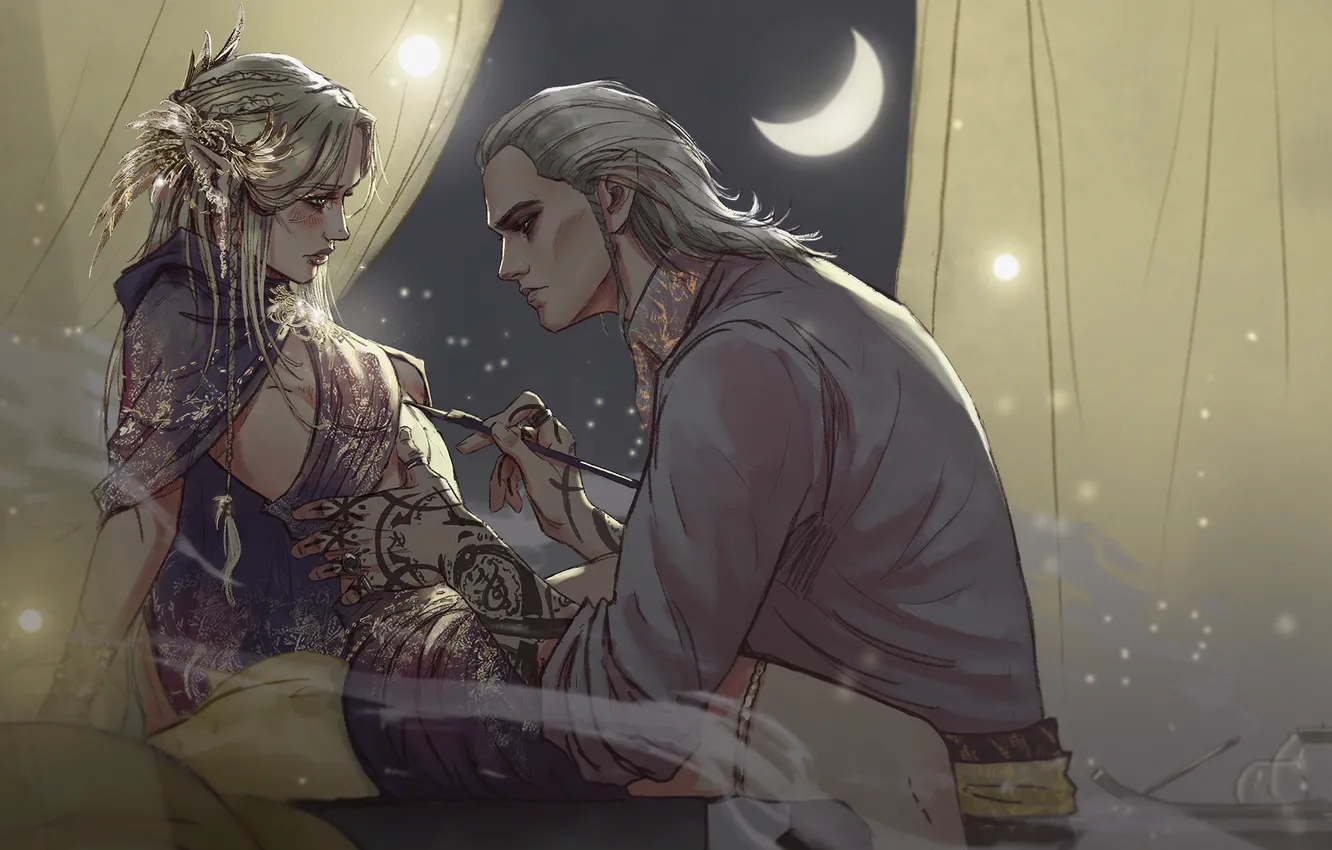 Photo wallpaper moon, fantasy, art, tatoo, artwork, fantasy art, Witcher, runes