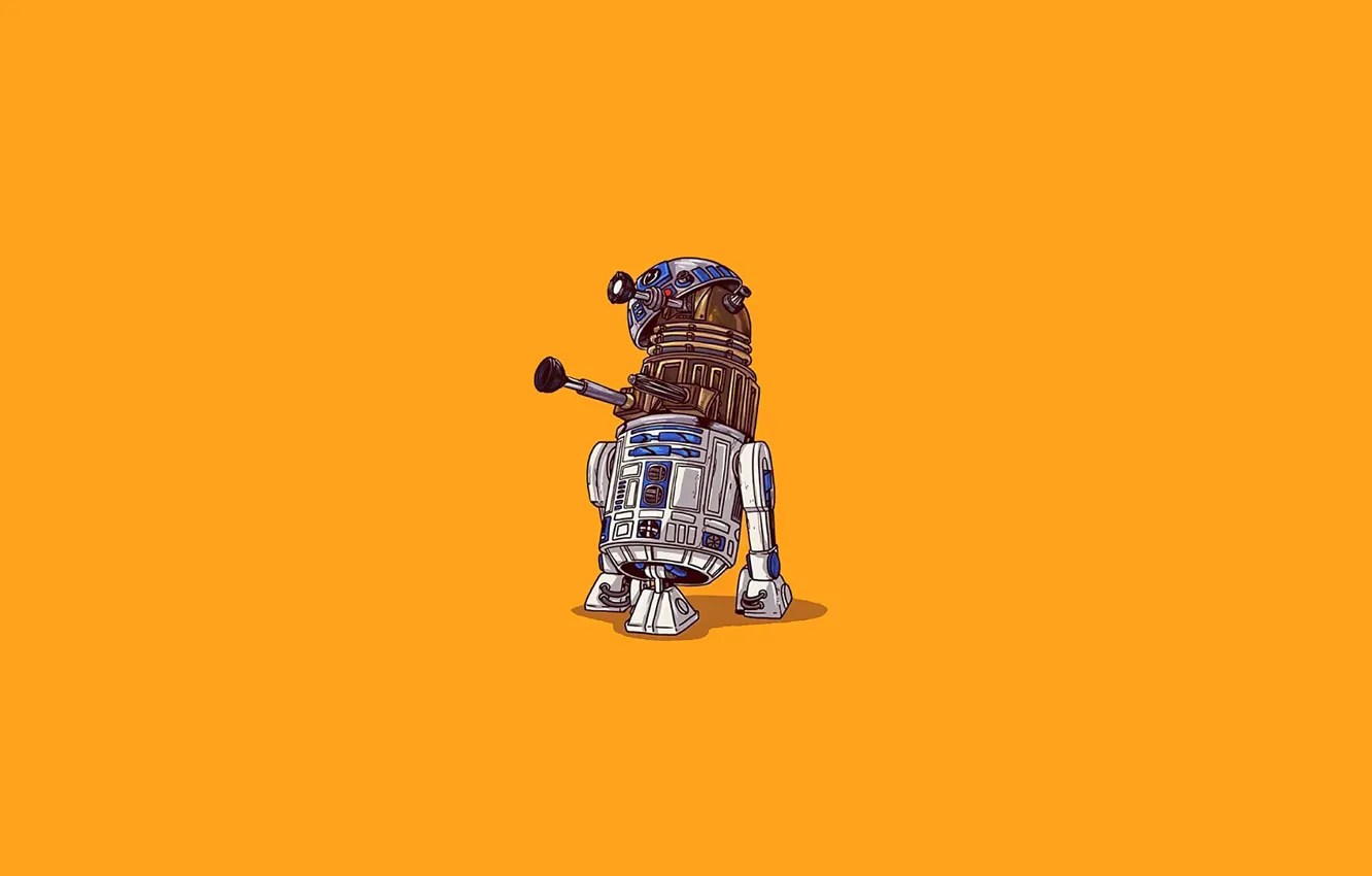 Photo wallpaper Star Wars, R2D2, Star Wars, Doctor Who, yellow background, Doctor Who, R2-D2, Dalek