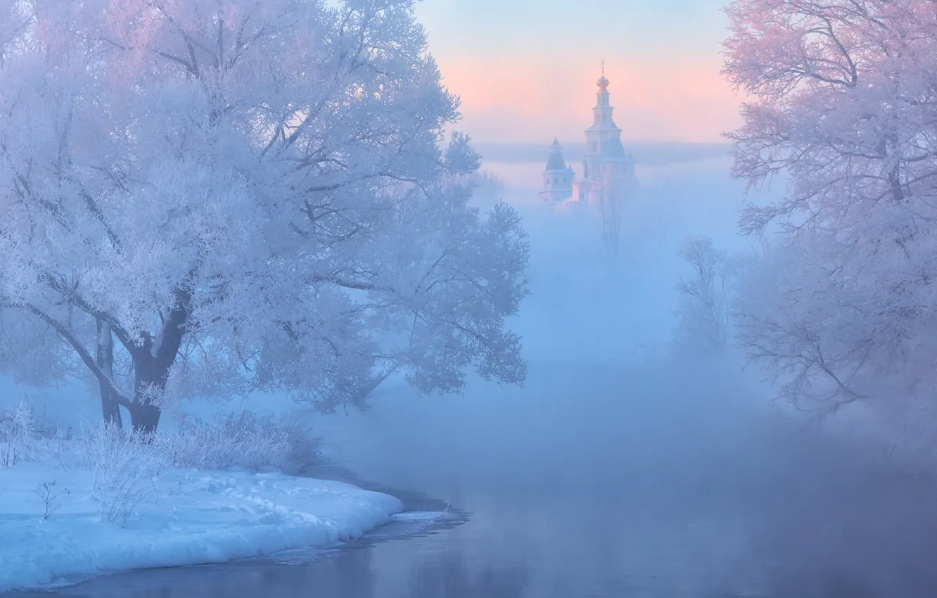 Photo wallpaper Winter, river, trees, landscape, nature, sunset, snow, cold