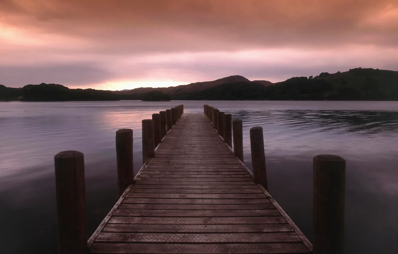 Photo wallpaper sunset, lake, hills, pier, 157