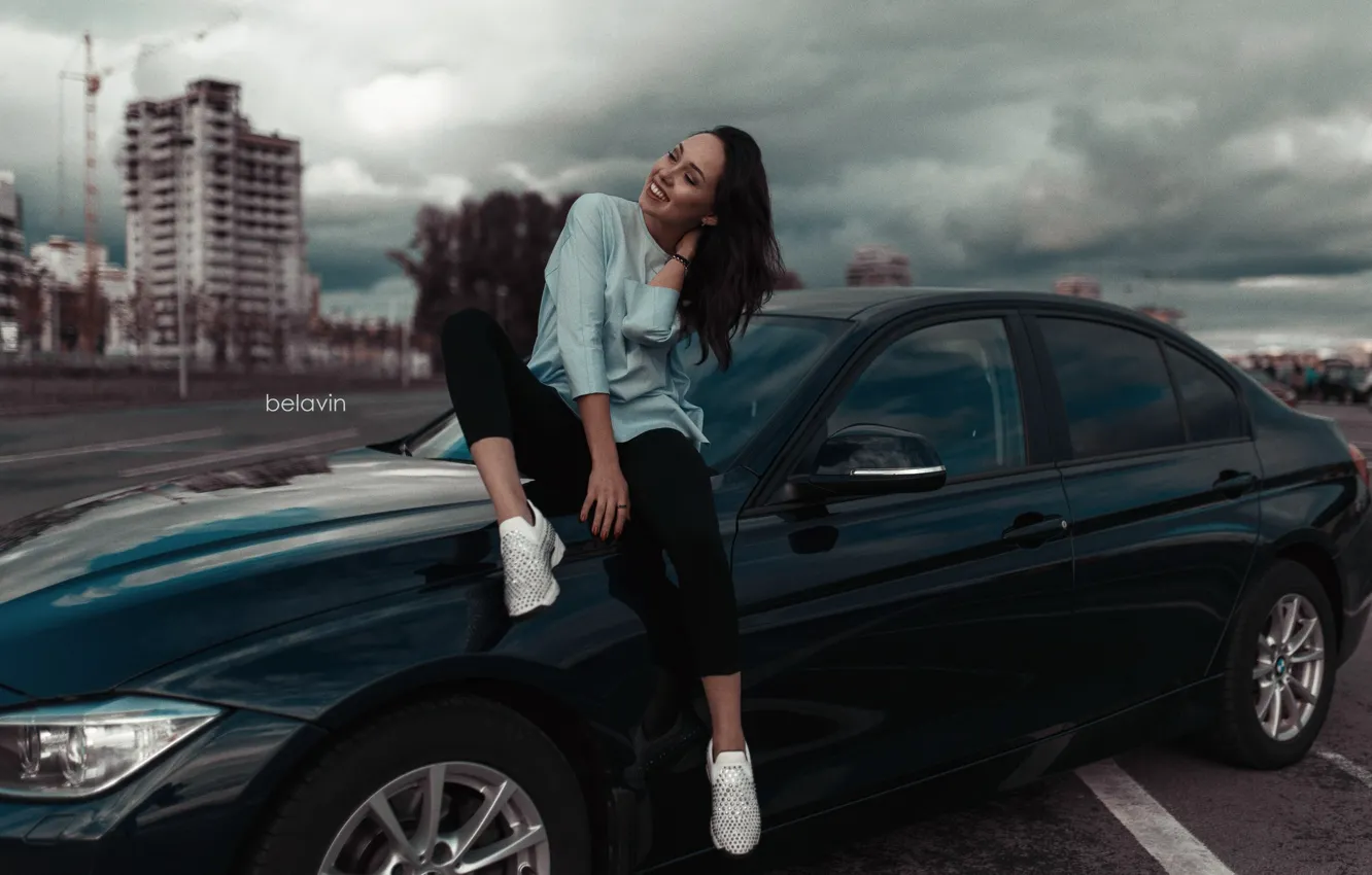Photo wallpaper machine, auto, girl, pose, smile, BMW, Belavin, Alexander Belavin