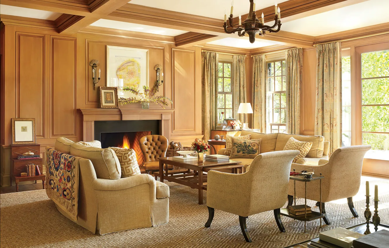 Photo wallpaper room, interior, English style, living room, fireplace, design