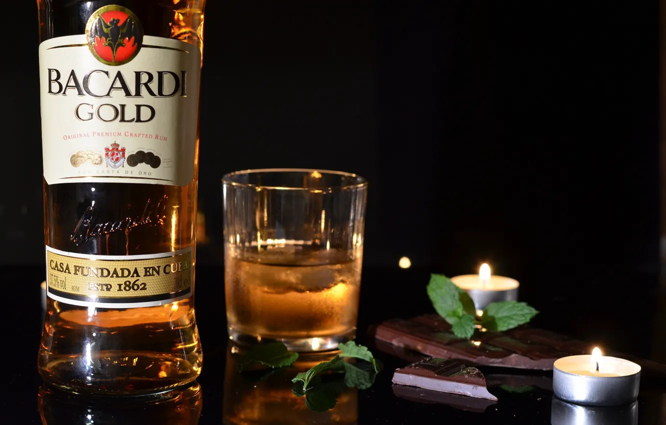 Photo wallpaper glass, bottle, candles, brand, Bacardi