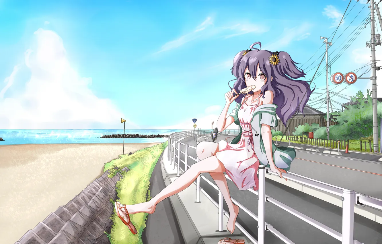 Photo wallpaper road, sea, beach, summer, girl, wire, art, ice cream