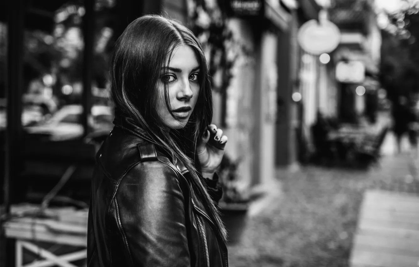 Photo wallpaper look, girl, street, jacket, black and white
