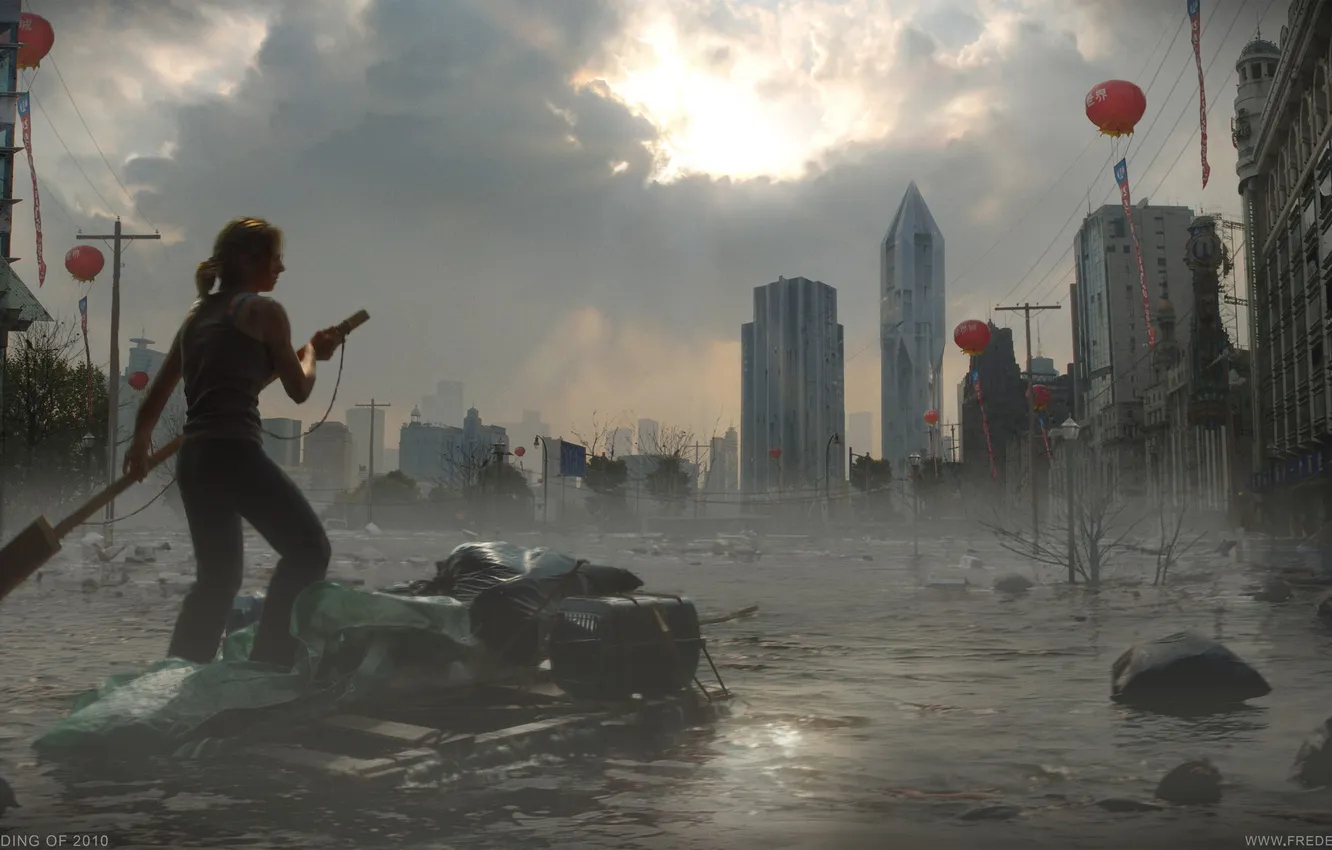 Photo wallpaper water, girl, the city, postapokalipsis