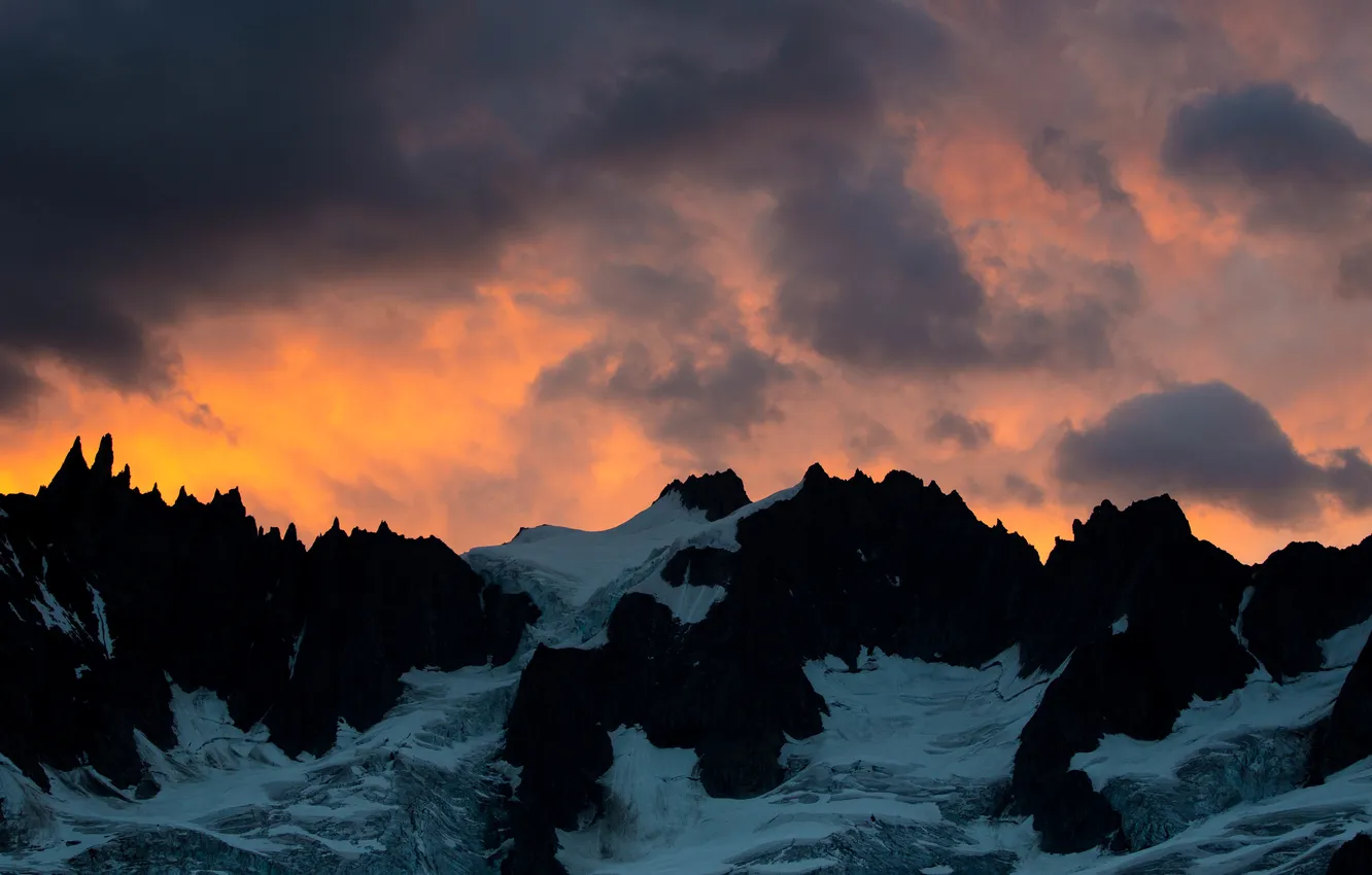 Photo wallpaper ice, clouds, mountains, fire, silhouette, twilight, orange sky