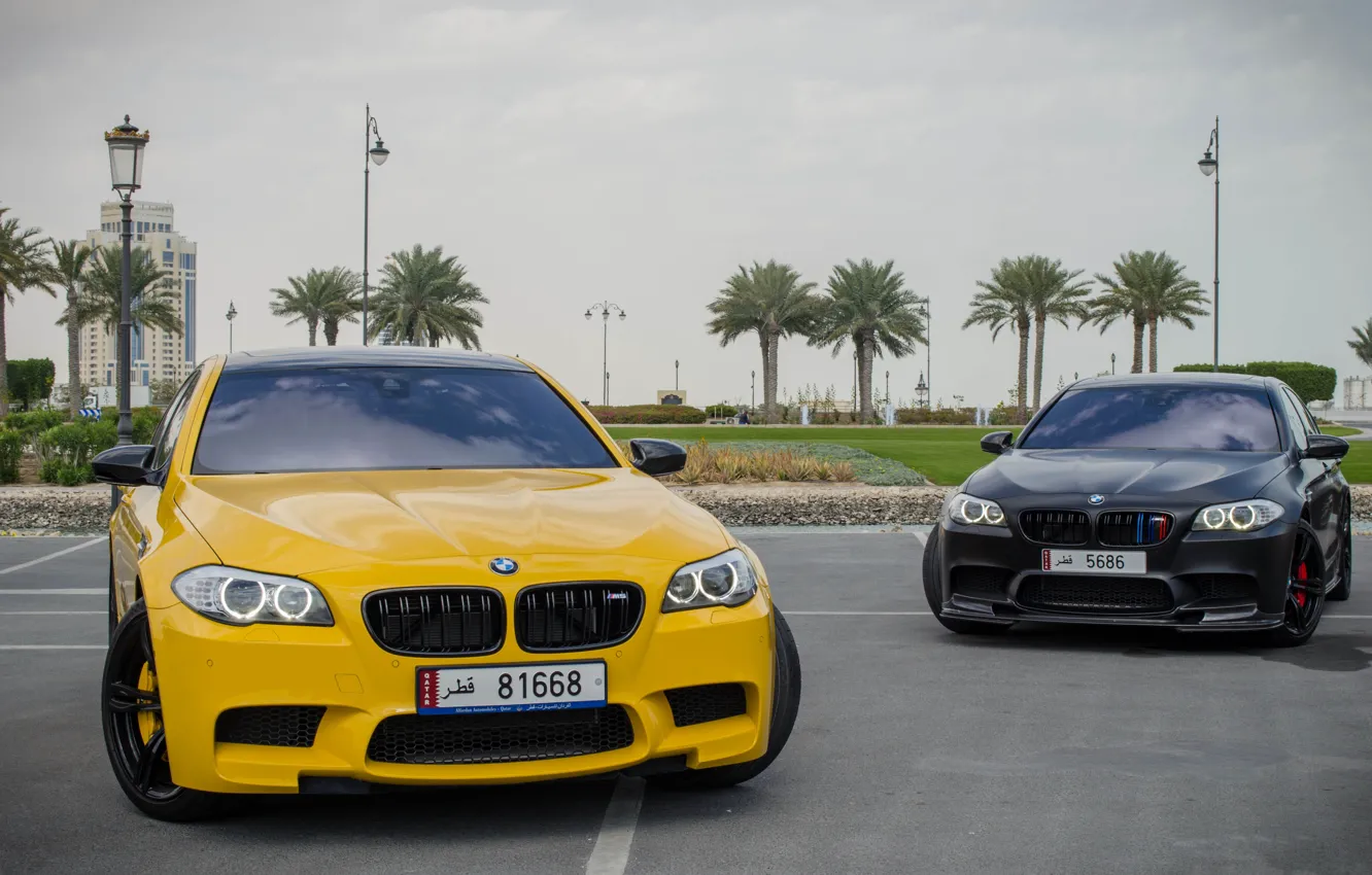 Photo wallpaper yellow, bmw, BMW, yellow, f10, matte black, matte black, running lights