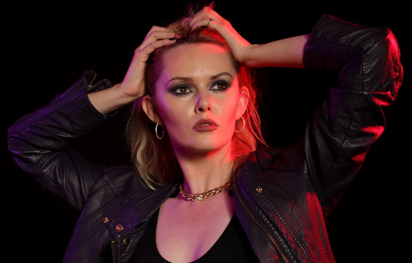 Photo wallpaper face, background, model, hair, leather jacket, Carla