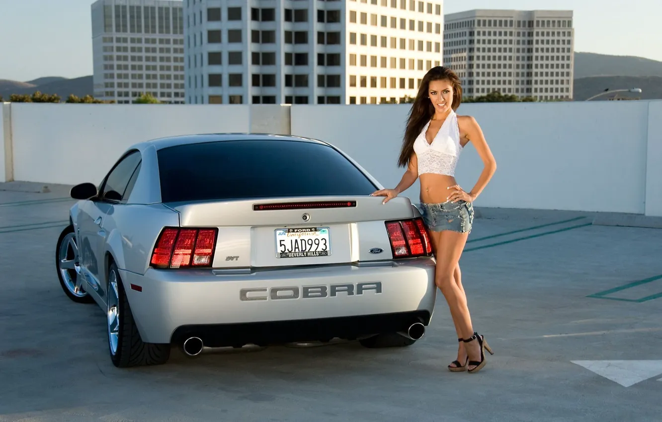 Photo wallpaper auto, the sky, look, girl, smile, hills, building, Ford