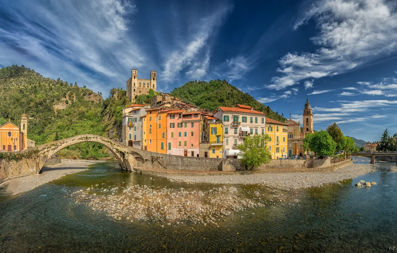 Photo wallpaper river, hills, building, home, Italy, bridges, Italia, Liguria
