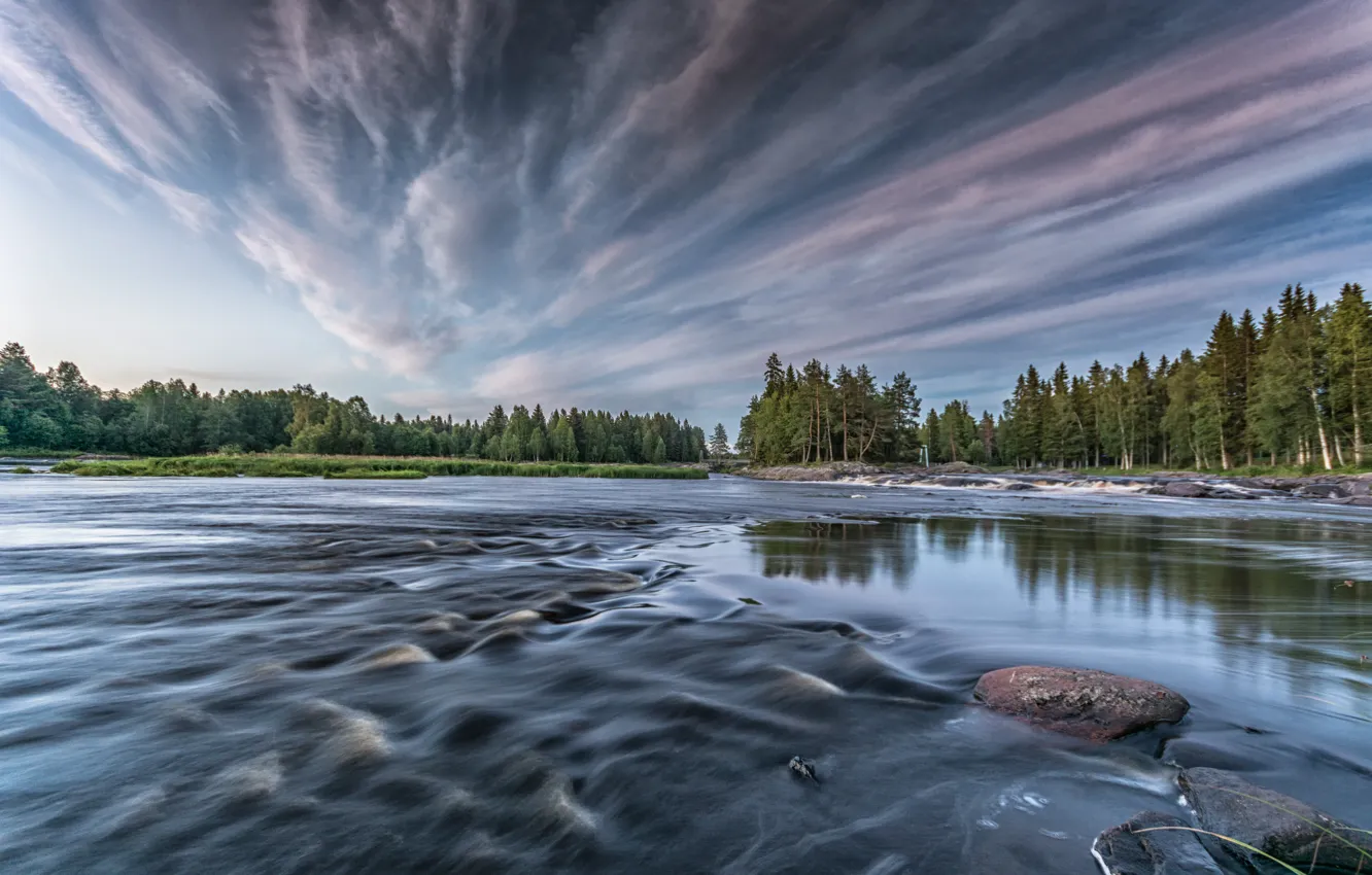 Photo wallpaper forest, clouds, river, Finland