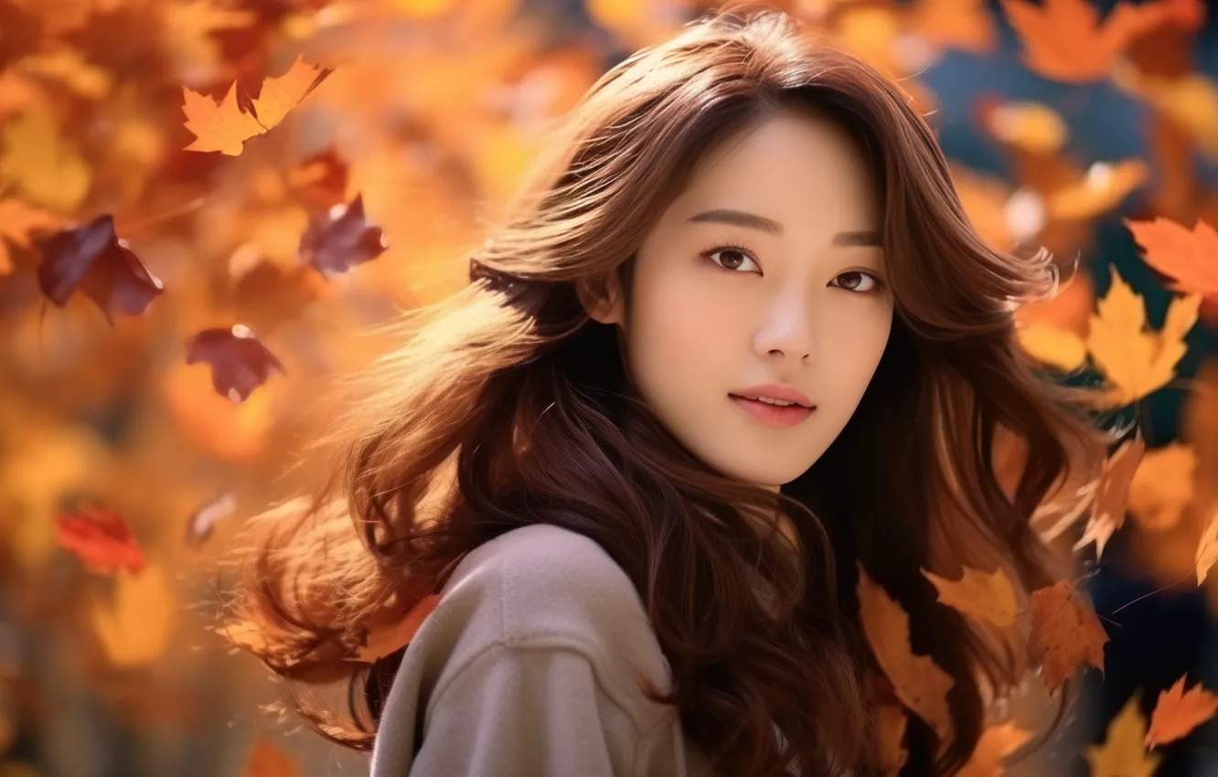 Photo wallpaper autumn, look, girl, nature, face, smile, Park, the wind