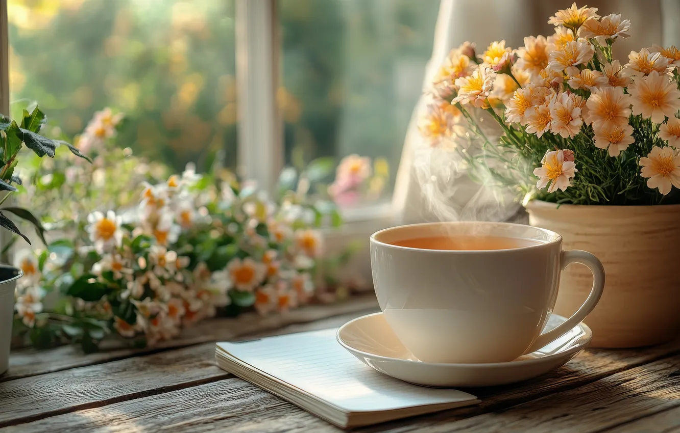 Photo wallpaper flowers, table, Board, hot, bouquet, window, couples, mug