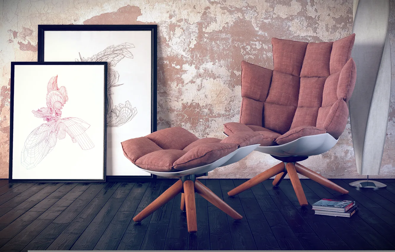 Photo wallpaper books, lamp, chair, pillow, pictures, outdoor
